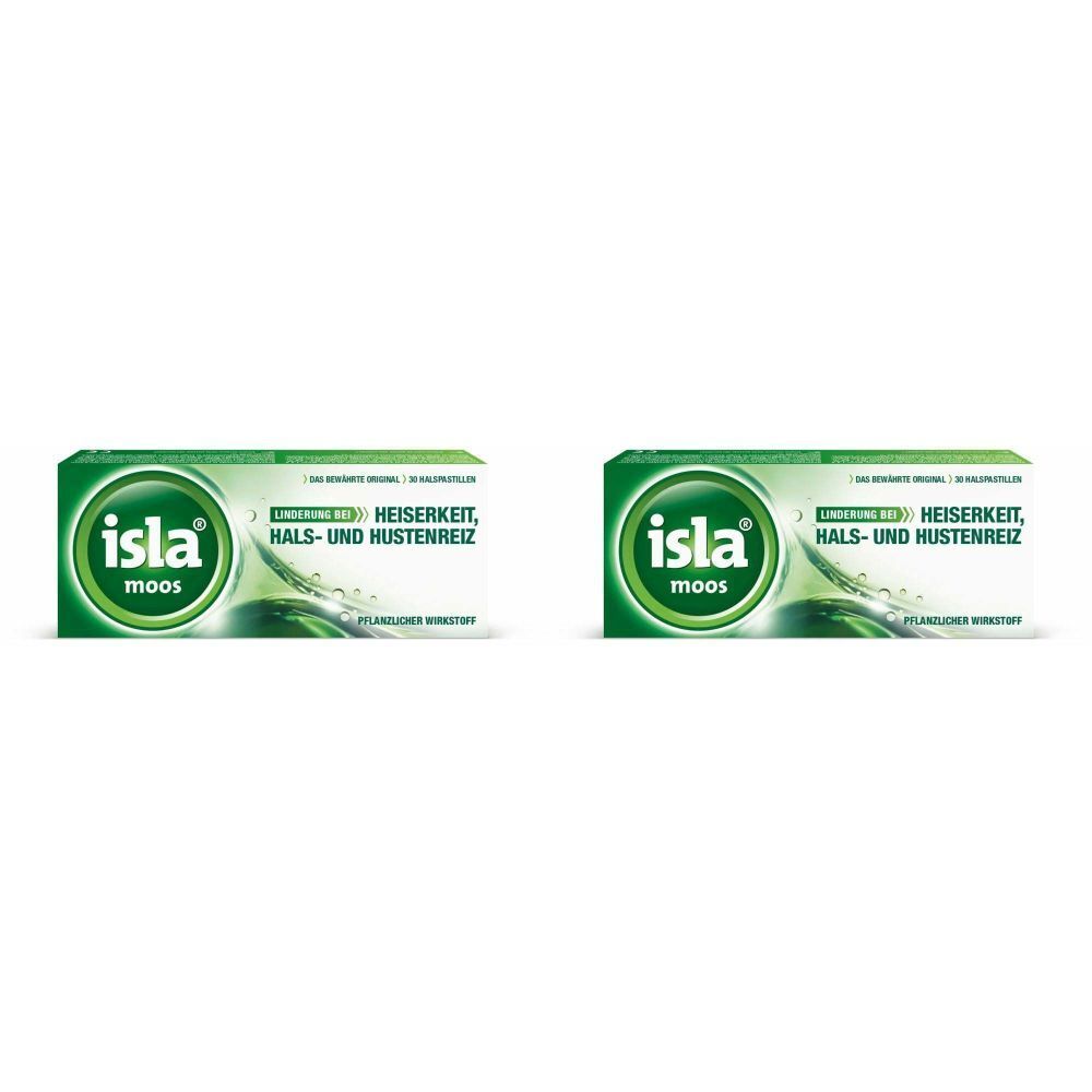 Twee groene dozen met "isla moos" logo en tekst: "HEISERKEIT, HALS- UND HUSTENREIZ".