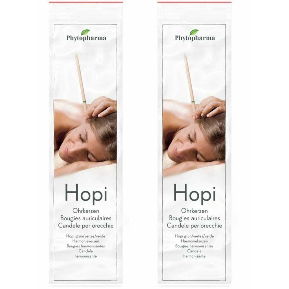 Deux paquets de bougies auriculaires. Inscription "Hopi" et "Phytopharma". Illustration d'une personne pendant l'utilisation.