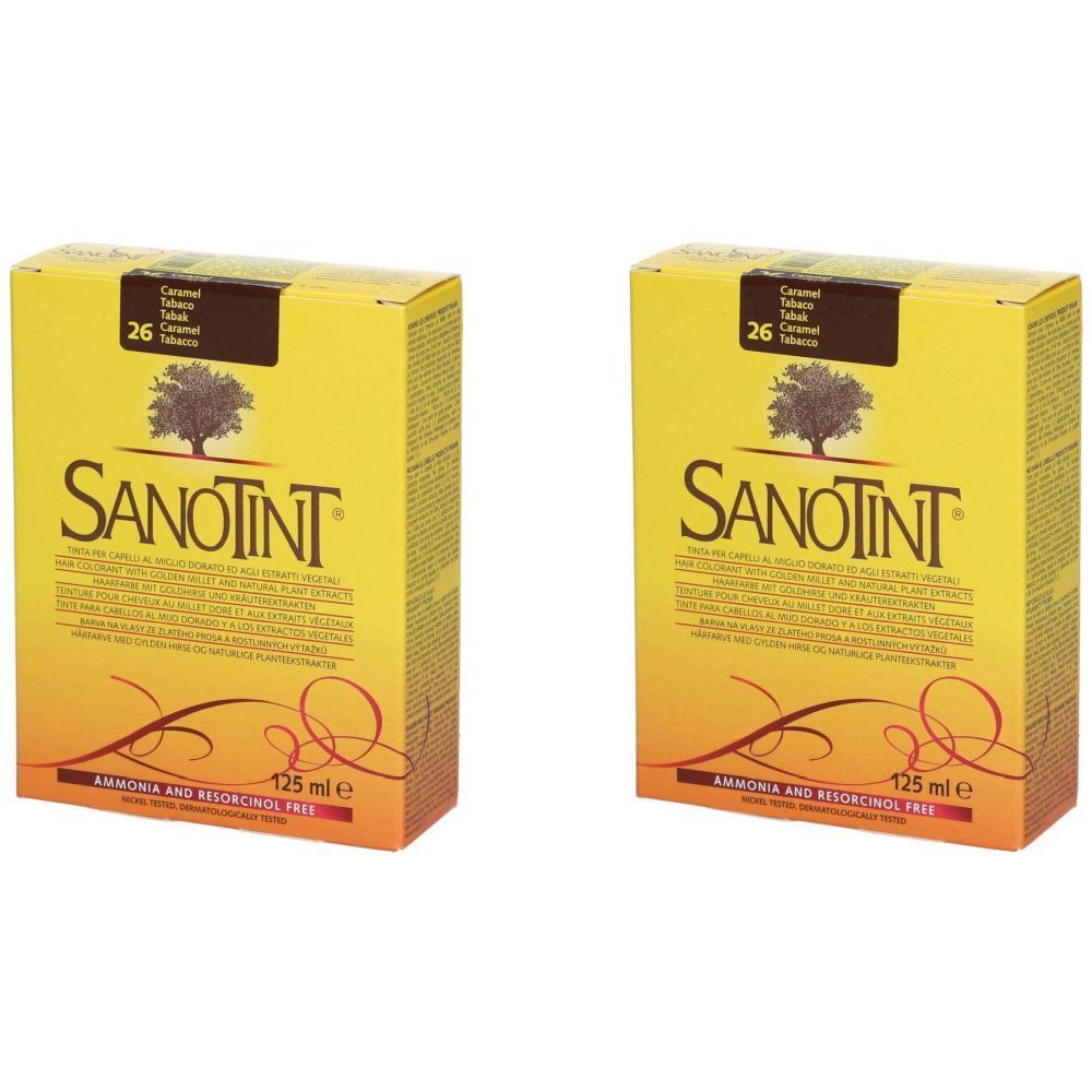 Deux boîtes de SANOTINT® Nr. 26 Tabac. Emballage jaune avec nom du produit, logo arbre et texte. Contient 125 ml. Sans ammoniaque ni résorcine.