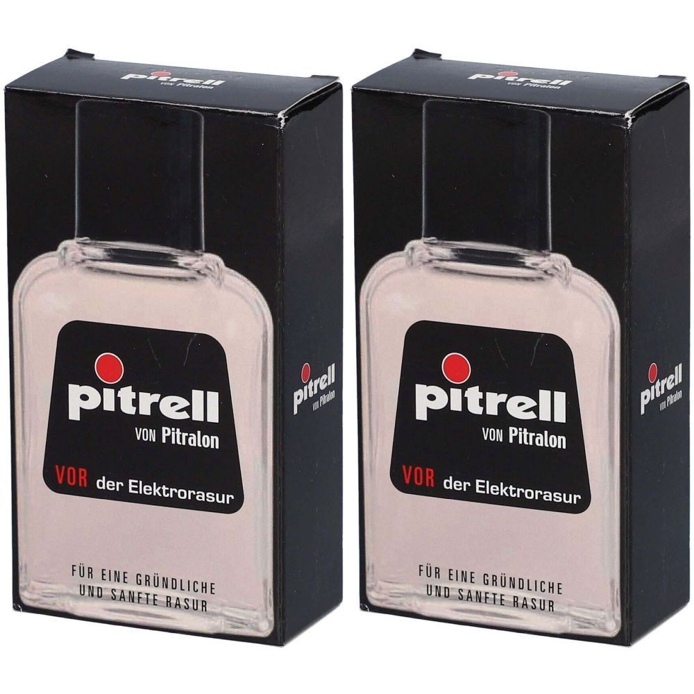 Zwei Flaschen Pitrell vor der Elektrorasur. Schwarze Verpackung mit Produktnamen und Text. Für gründliche und sanfte Rasur.