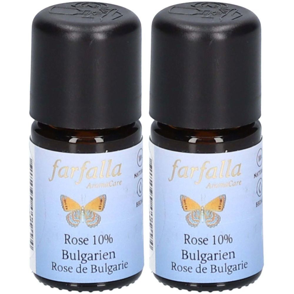 Zwei kleine Glasflaschen mit schwarzem Deckel. Auf den Etiketten steht "farfalla" und "Rose 10% Bulgarien".