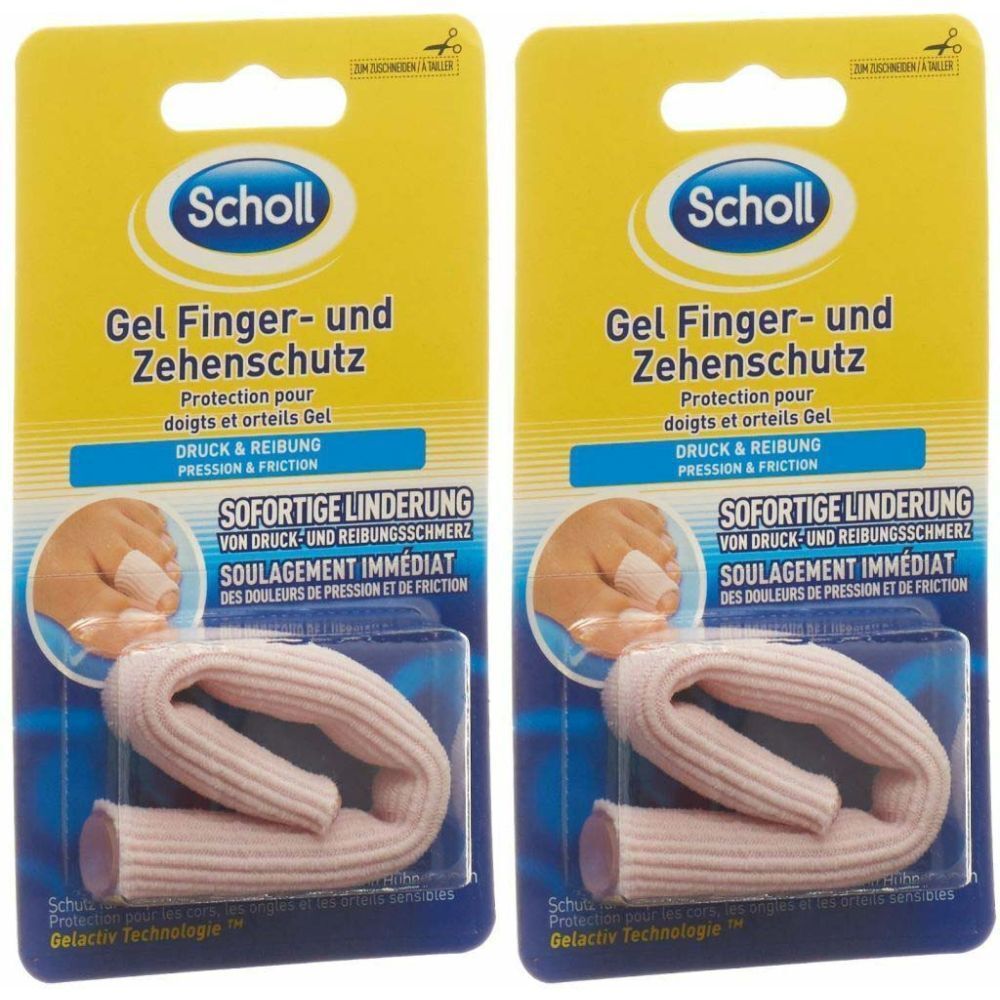 Zwei Packungen Scholl Gel Finger- und Zehenschutz. Rosa Gel-Schutzhüllen in Blisterverpackung. Gelactiv Technologie.