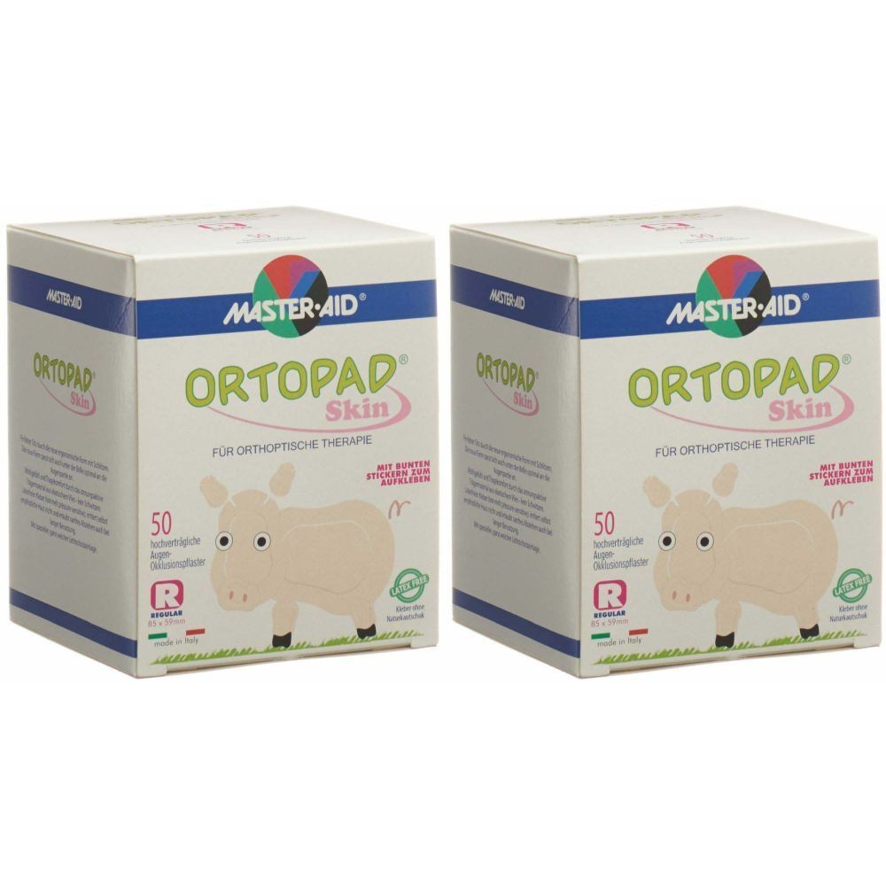 Zwei Kartons ORTOPAD Skin. Aufdruck: MASTER-AID, Logo, 50 Stück, Illustration eines Schweins. Text: Für orthoptische Therapie.