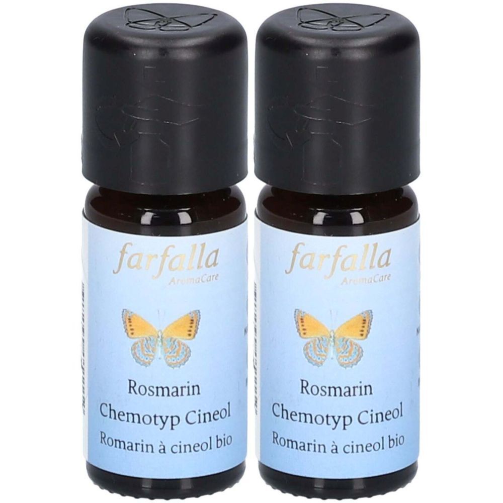 Zwei Flaschen Rosmarin-Öl. Aufschrift: farfalla, Rosmarin Chemotyp Cineol, Romarin à cineol bio. Schwarze Kappe, braune Glasflasche.