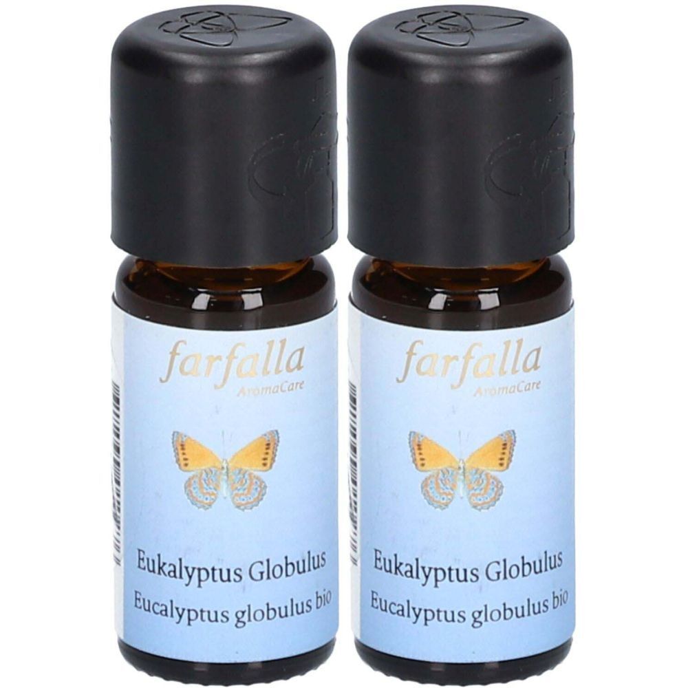 Zwei kleine braune Glasflaschen mit schwarzen Deckeln. Auf den Etiketten steht "farfalla" und "Eukalyptus Globulus".