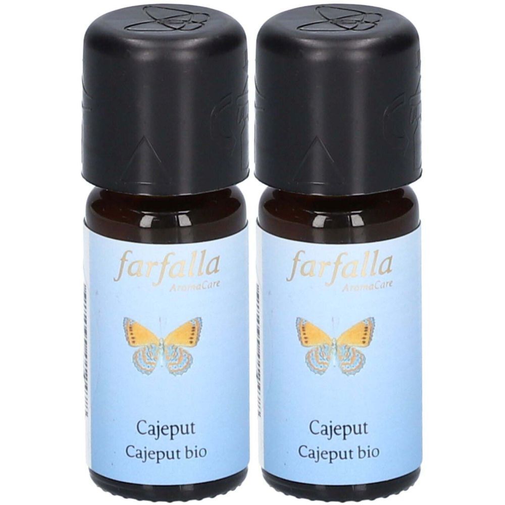 Zwei Flaschen farfalla Ätherisches Öl Cajeput. Braune Glasflaschen mit schwarzen Deckeln und blauen Etiketten mit Schmetterlingsmotiv.