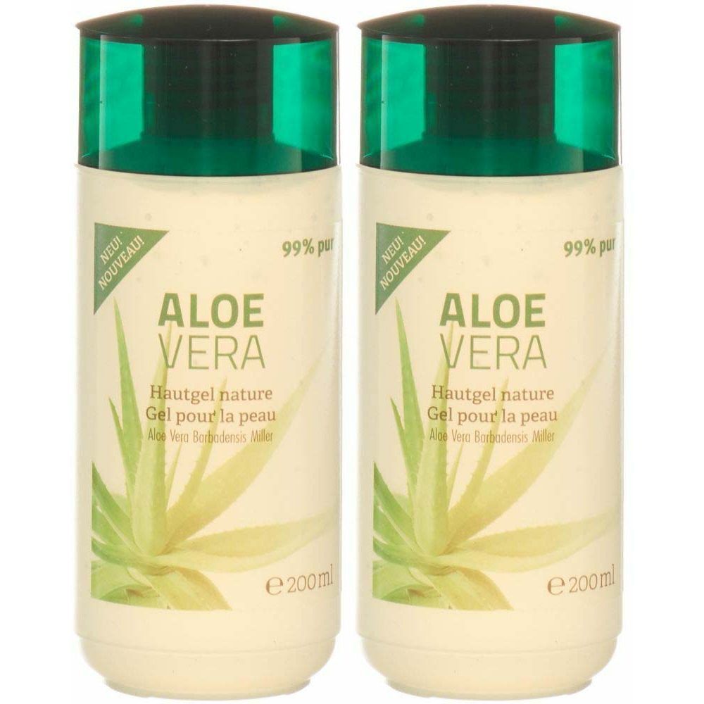 Deux flacons de gel pour la peau à l'aloe vera. Flacons beiges avec bouchons verts. Inscription : Aloe Vera, Hautgel nature, 99% par, NEU/NOUVEAU.