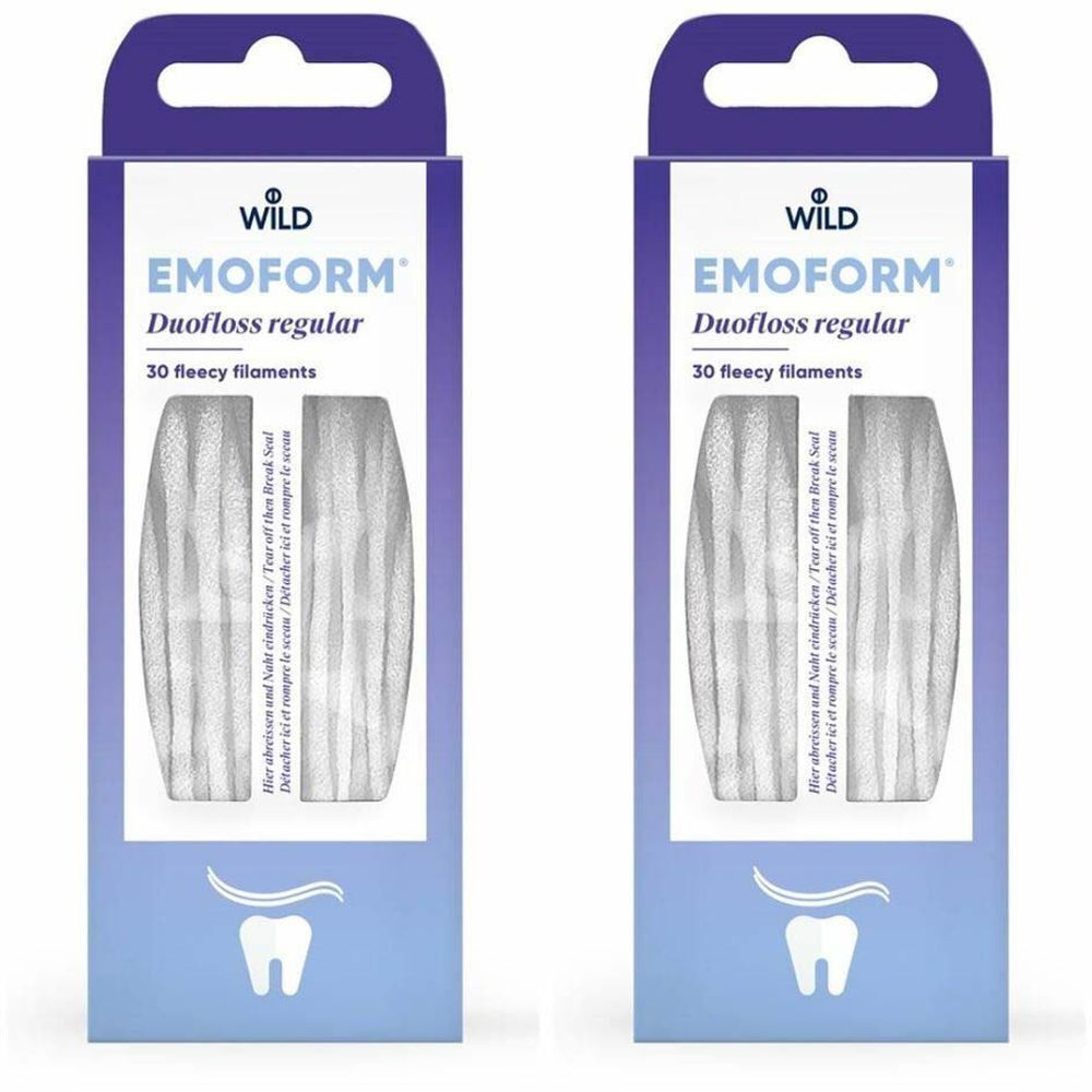 Zwei Packungen EMOFORM Duofloss regular. Blaue Verpackung mit Produktnamen und Zahn-Symbol. Enthält 30 Vlies-Filamente.