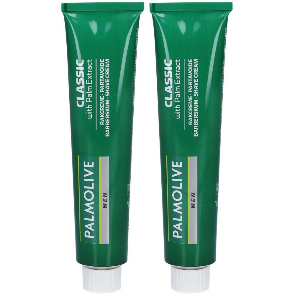 Zwei grüne Tuben Rasiercreme. Aufschrift: Palmolive MEN, Classic mit Palm Extract. Text in Deutsch, Französisch und Englisch.