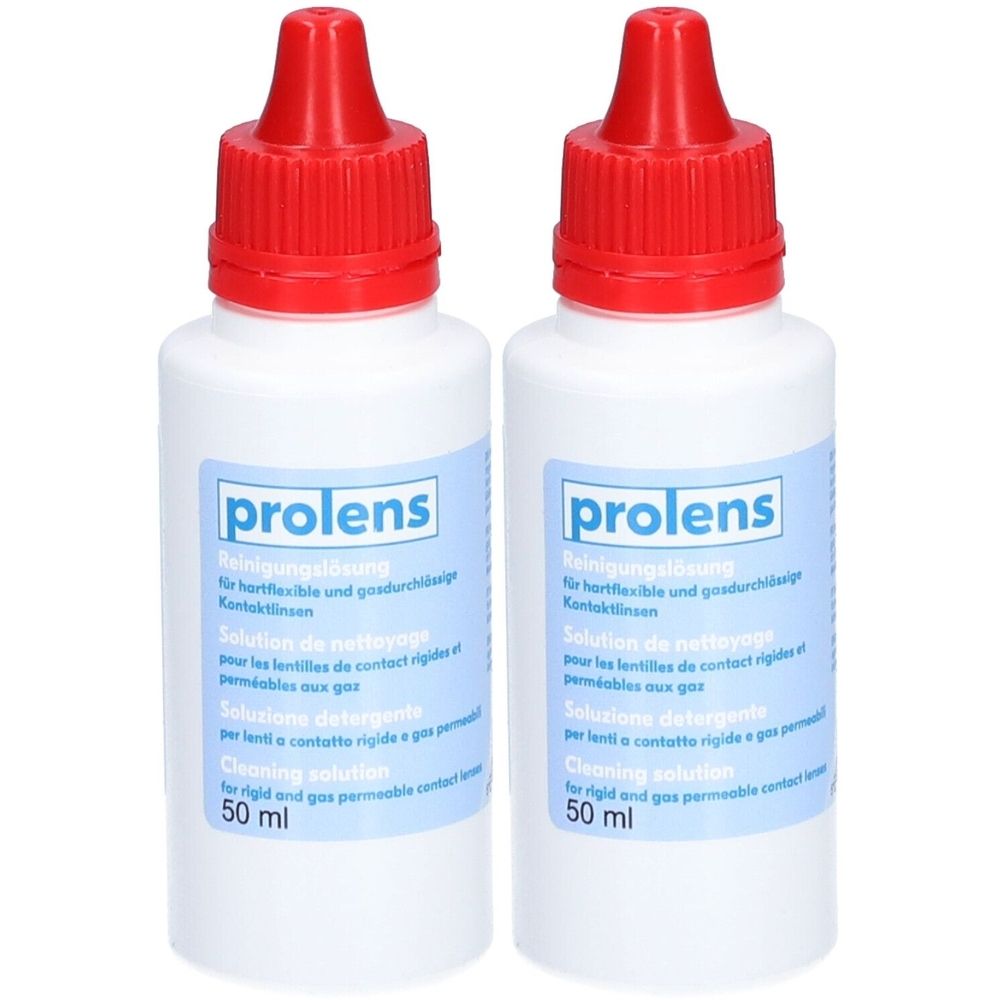 Zwei weiße Flaschen mit rotem Verschluss. Aufkleber mit Produktnamen und Text. 50 ml.