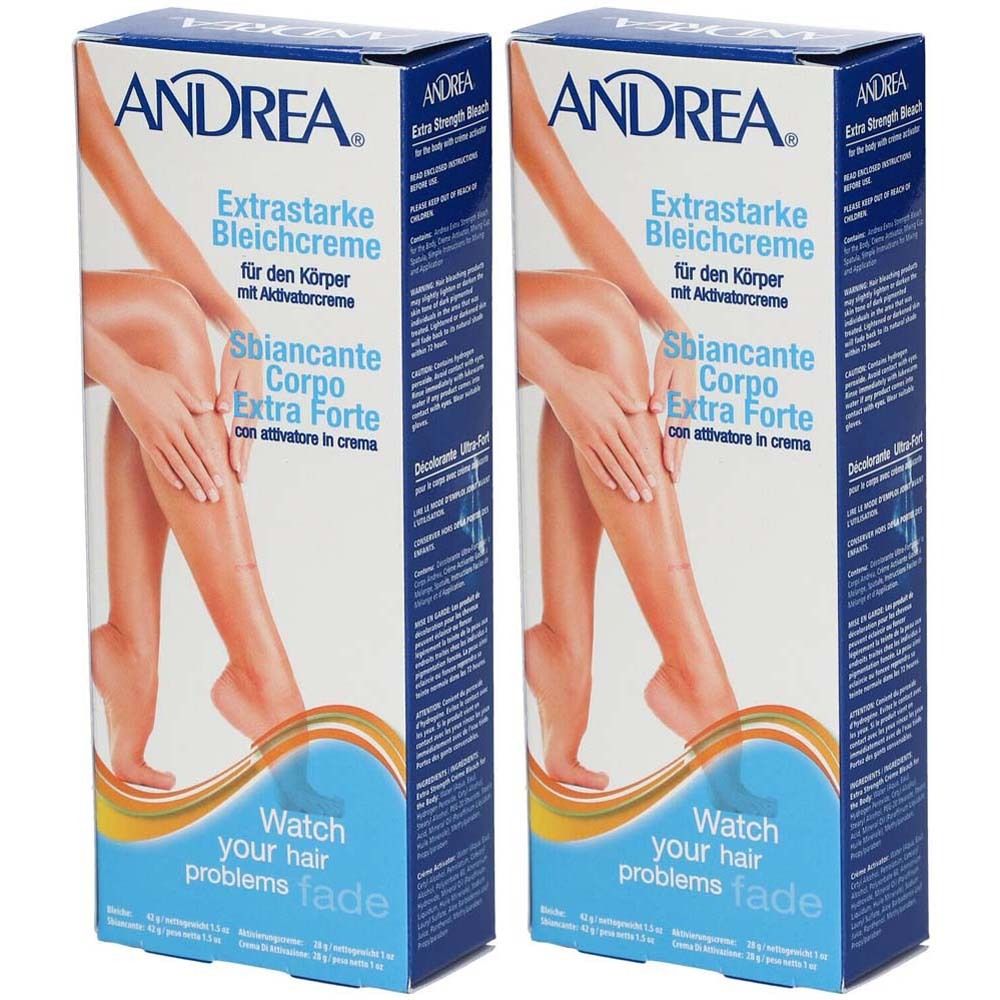 Deux boîtes de produit. Inscription : ANDREA, Extrastarke Bleichcreme, Sbiancante Corpo Extra Forte. Illustration : jambe avec main.