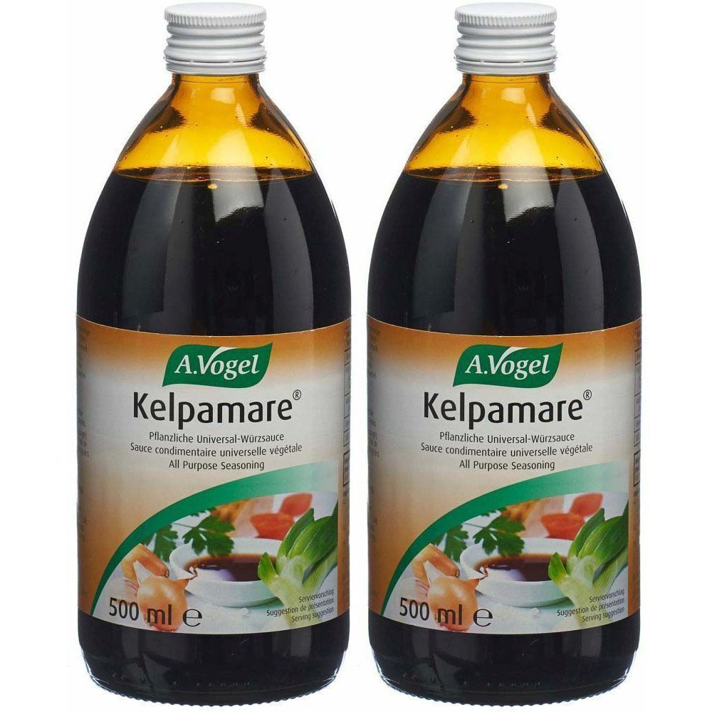 Zwei Flaschen A. Vogel Kelpamare. Braune Flüssigkeit in Glasflaschen mit weißem Deckel. Etikett mit Produktnamen und Inhaltsangabe.