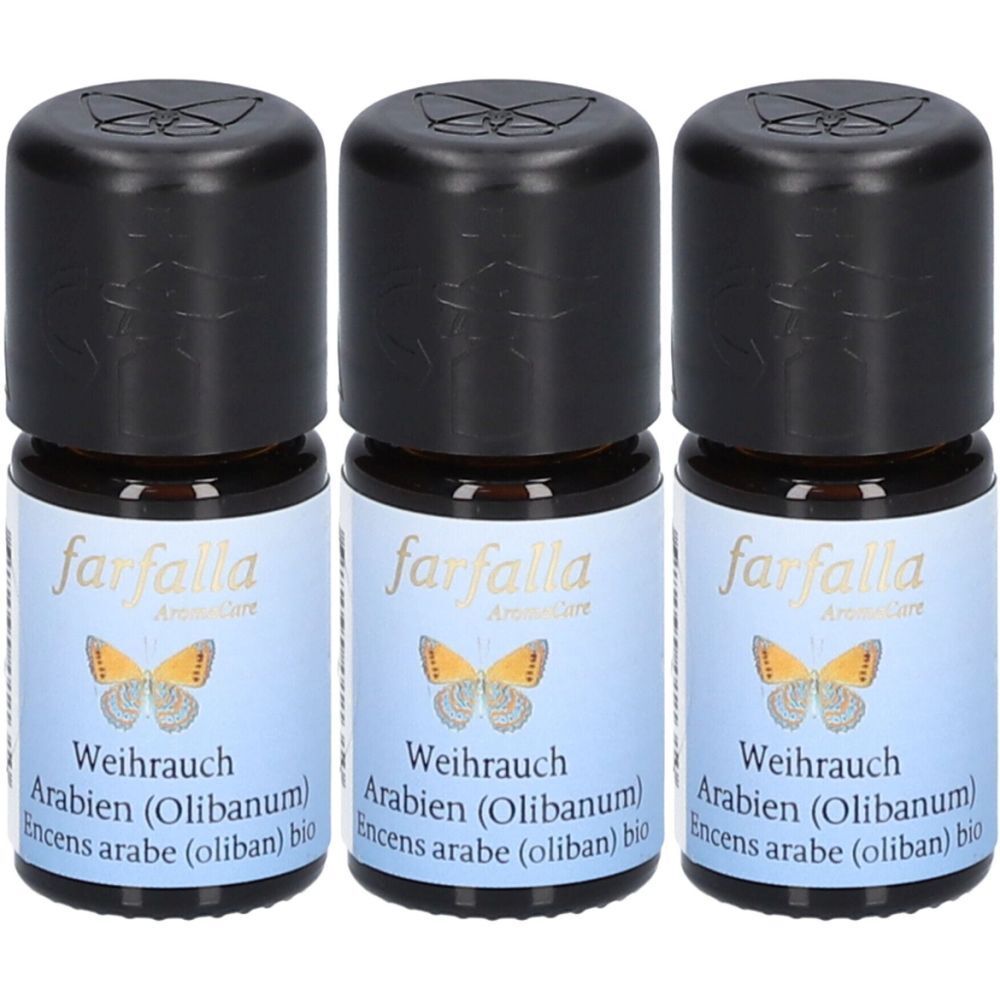 Drei kleine braune Glasflaschen mit schwarzen Deckeln. Auf den Etiketten steht "farfalla" und "Weihrauch Arabien (Olibanum) bio".