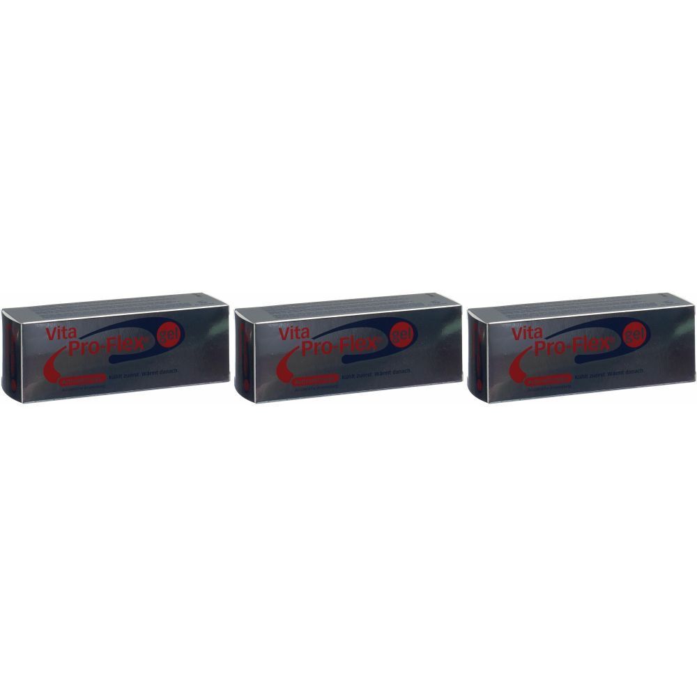 Trois boîtes rectangulaires. Sur chaque boîte, "Vita Pro Flex" en rouge et blanc. Les boîtes sont gris foncé.