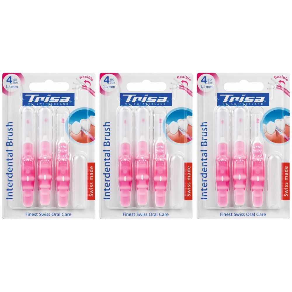 Drei Packungen Interdentalbürsten. Jede Packung enthält 4 Bürsten, rosa Griff, weißer Bürstenkopf. Marke: Trisa. "Swiss made".