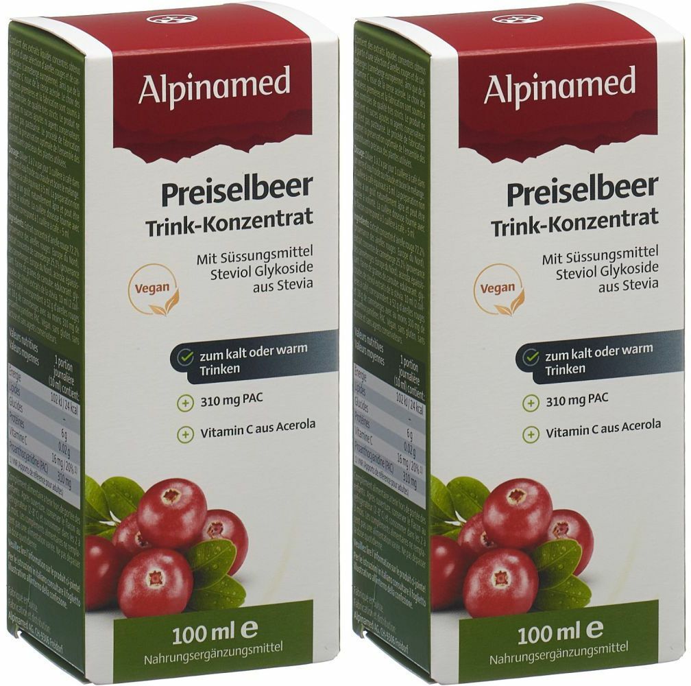 Zwei Packungen ALPINAMED Preiselbeer Trink-Konzentrat. Weiße Kartons mit roter Schrift und Cranberry-Abbildung. Vegan-Siegel.