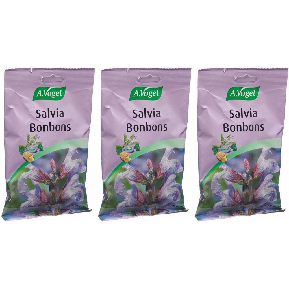 Drei Beutel A.Vogel Salvia Bonbons. Lila Verpackung mit Produktnamen und floralem Design. Sichtbares Logo.