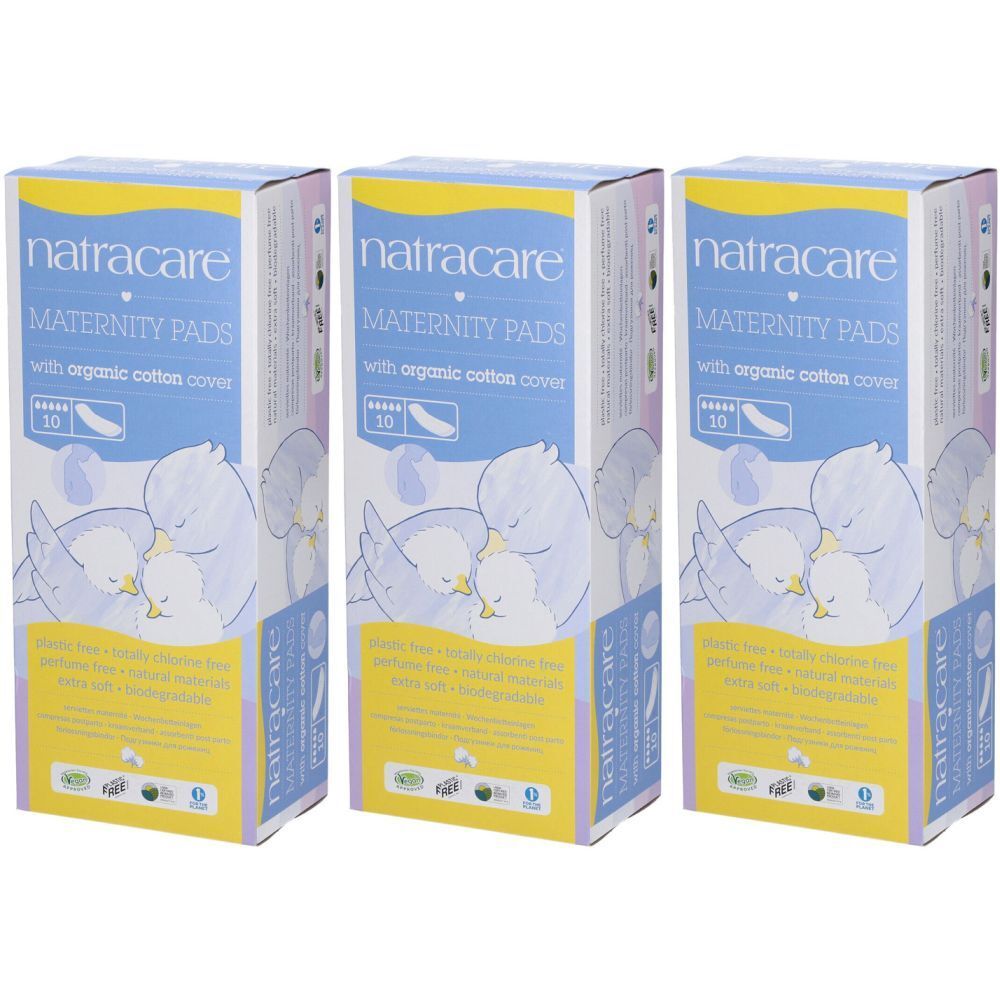 Drei Schachteln NATRACARE Maternity Pads. Aufschrift: MATERNITY PADS mit Bio-Baumwollbezug. Abbildung: Vögel. 10 Stück.