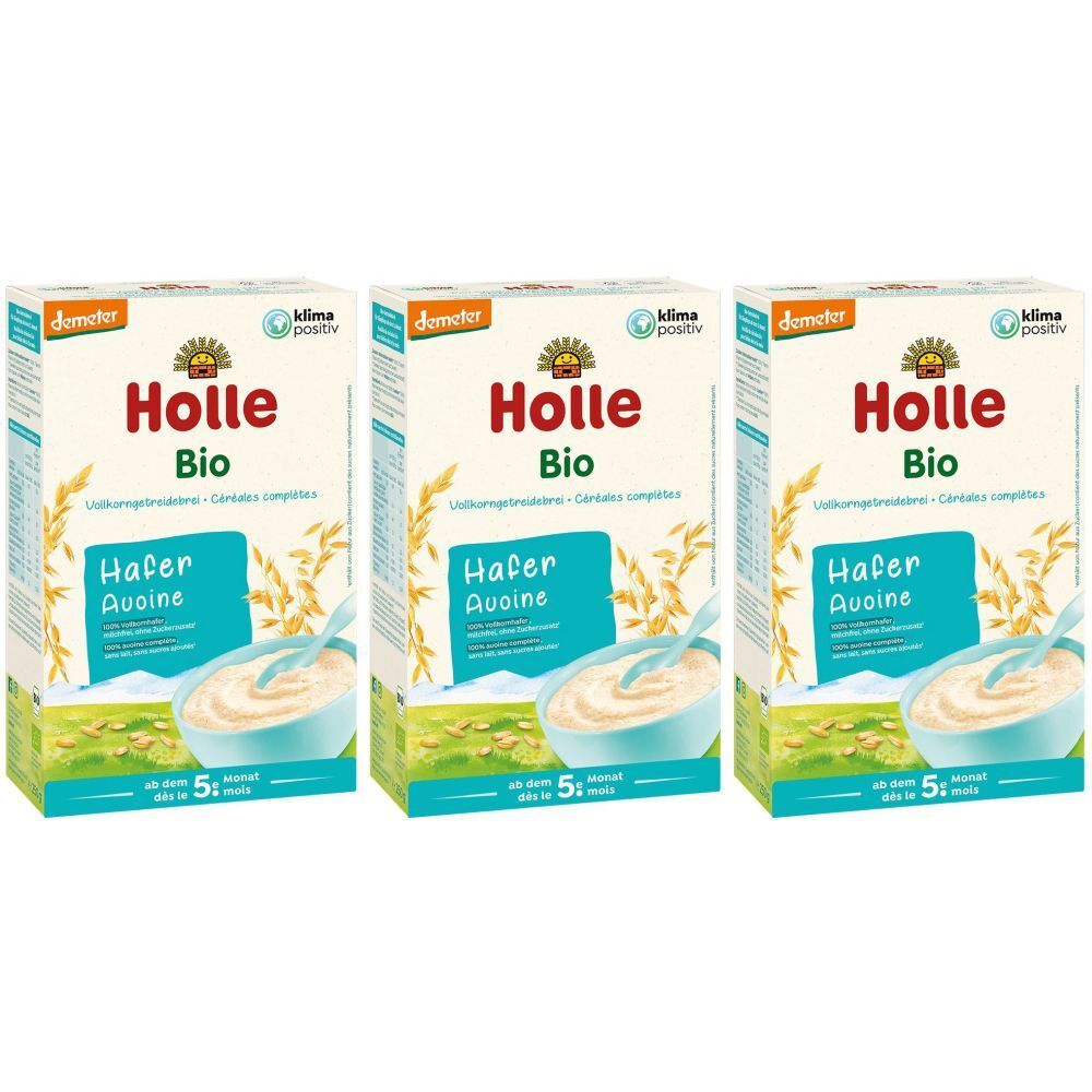 Drei Kartons Holle Bio-Haferflockenbrei. Aufdrucke: Holle, Bio, Hafer, Avoine, Demeter-Logo, Klima positiv.