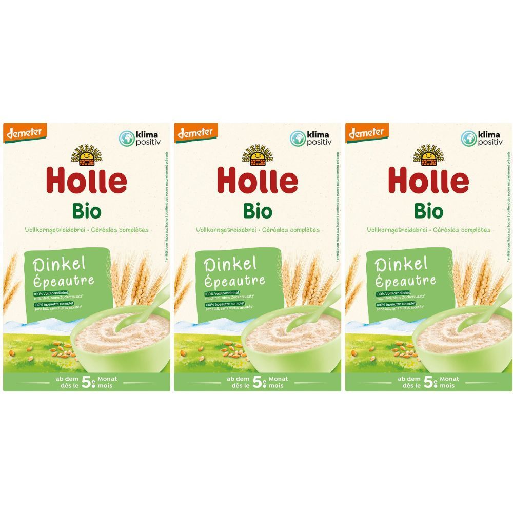 Drei Packungen Holle Bio Dinkelbrei. Aufdrucke: Holle Bio, Demeter-Siegel, Klima positiv. Ab dem 5. Monat.