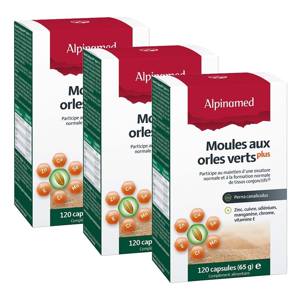 Trois boîtes de ALPINAMED Moules aux orles verts plus. Emballage rouge et blanc avec nom du produit et ingrédients. 120 gélules.