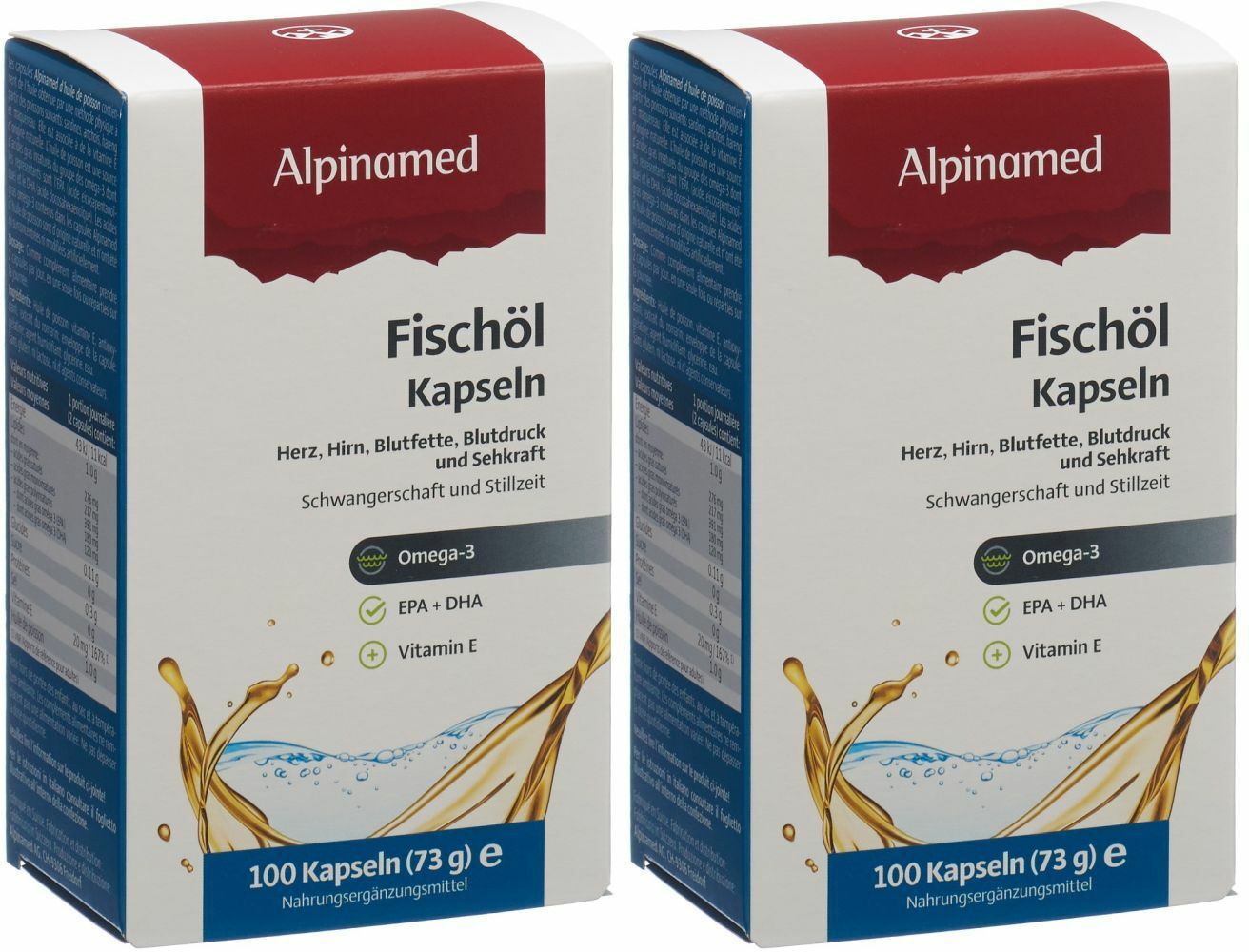 Zwei Packungen Alpinamed Fischöl Kapseln. Rote und weiße Verpackung mit Produktinformationen und Omega-3-Logo.