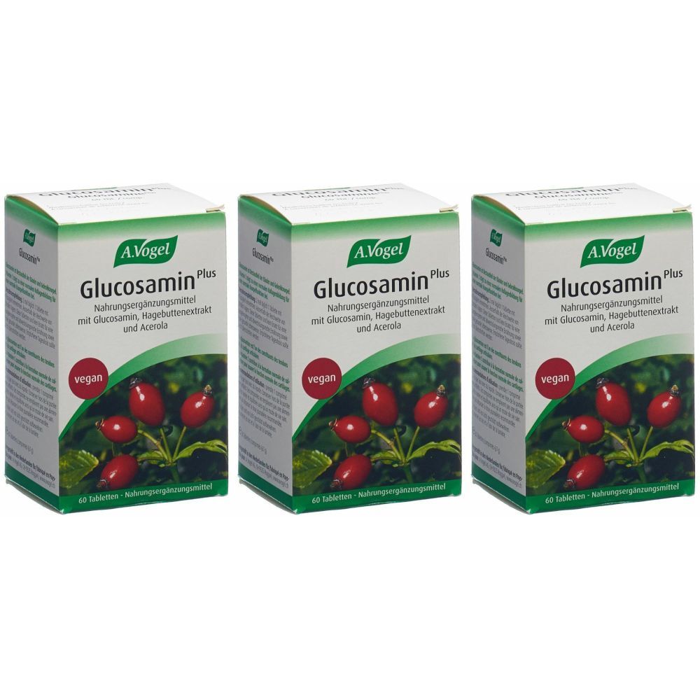 Drei Schachteln A. Vogel Glucosamin Plus. Weiße Verpackung mit grünem Logo und Produktnamen. Vegan-Siegel.