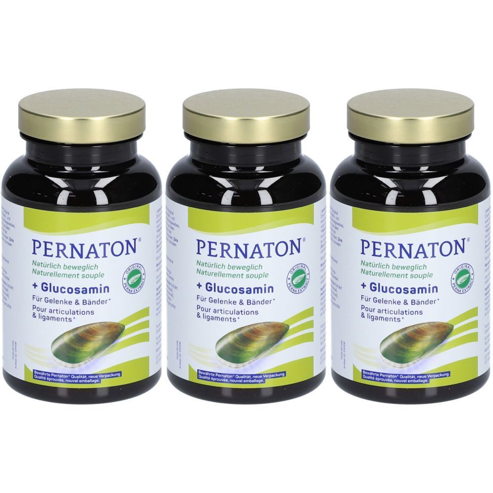 Drei schwarze Flaschen mit goldfarbenen Deckeln. Auf jeder Flasche steht PERNATON, + Glucosamin und weitere Informationen.