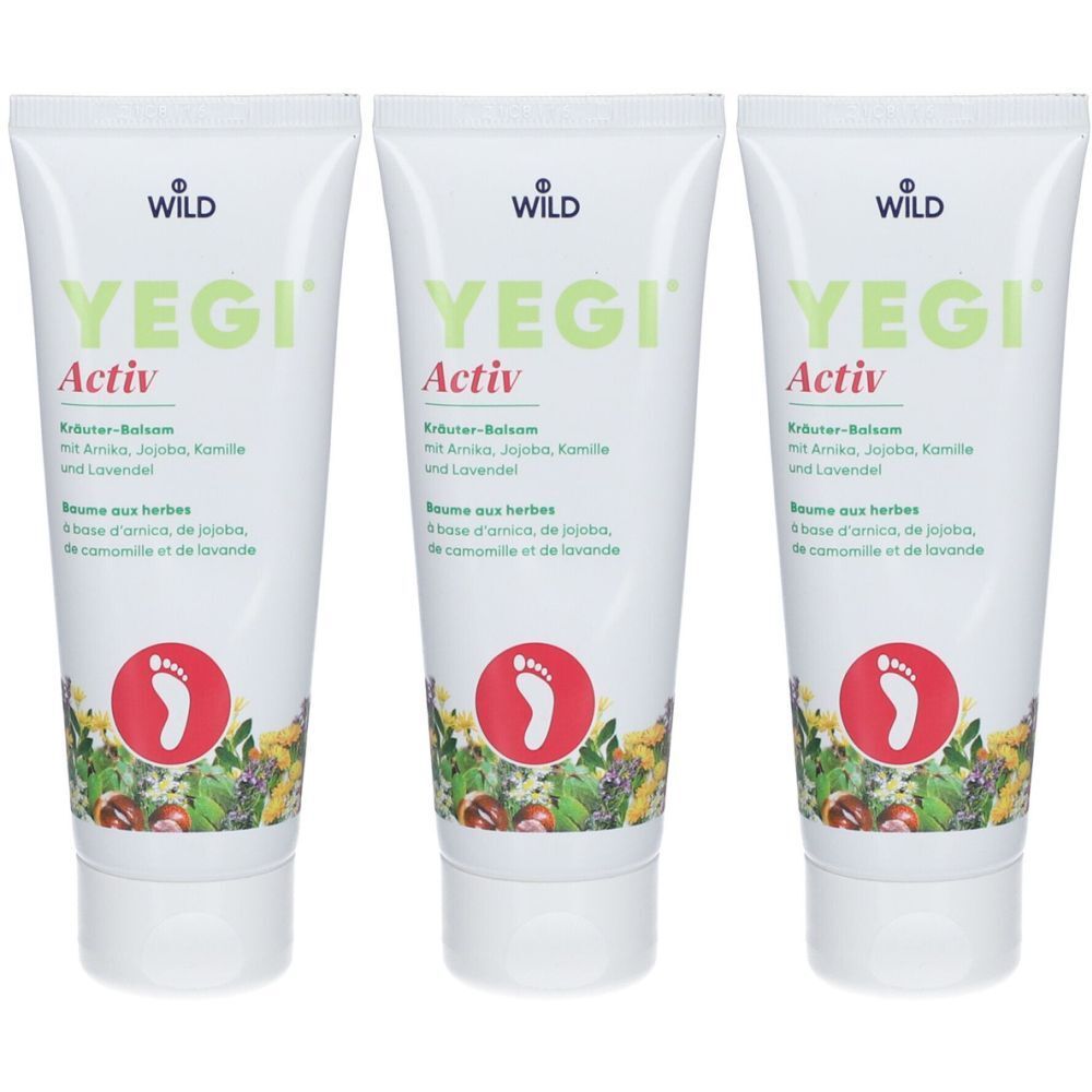 Drei Tuben YEGI® Activ Kräuter-Balsam. Weiße Tuben mit grüner Schrift und rotem Fußabdruck-Symbol. Text in Deutsch und Französisch.