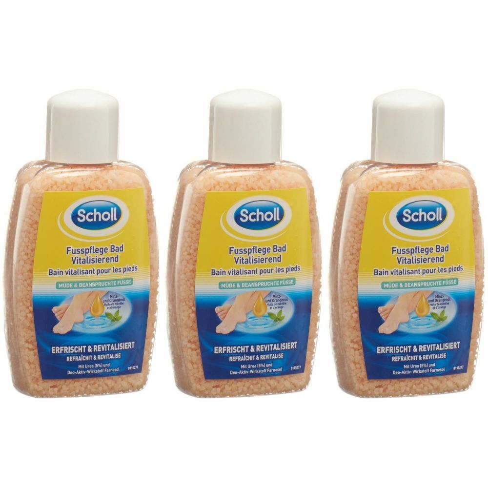 Drei Flaschen Scholl Fusspflege Bad. Jede Flasche hat einen weißen Deckel und eine gelbe Etikette mit Produktinformationen.