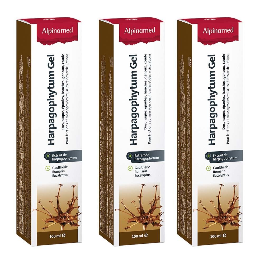 Trois boîtes de gel Alpinamed Harpagophytum. Emballage blanc et marron avec nom et ingrédients.