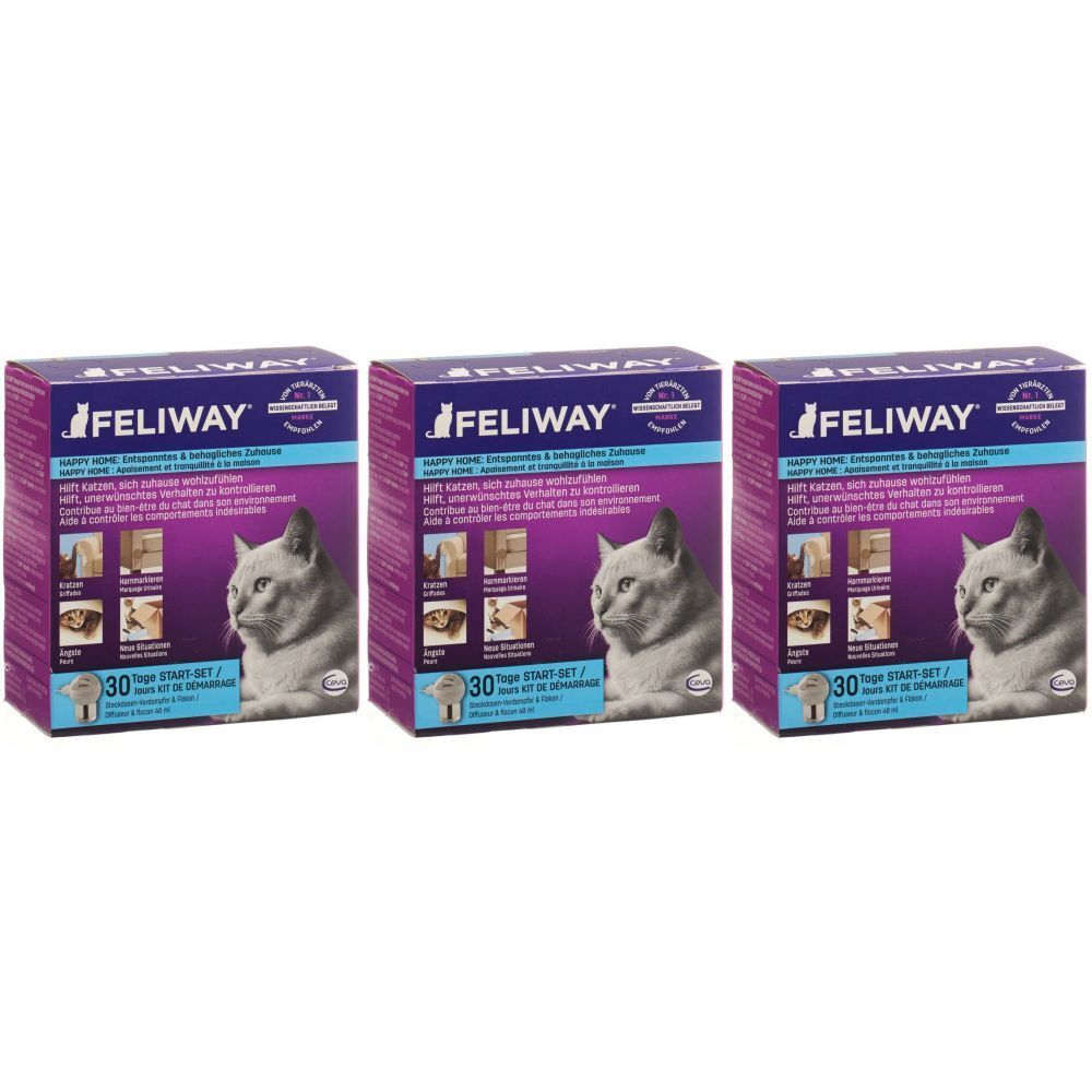 Trois boîtes Feliway Happy Home Start-Set. Emballage violet et blanc avec image de chat et informations.
