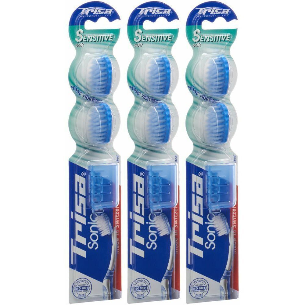 Drei Ersatzbürstenköpfe für Schallzahnbürsten. Blaue Borsten, transparente Verpackung. Marke: Trisa Sonic.