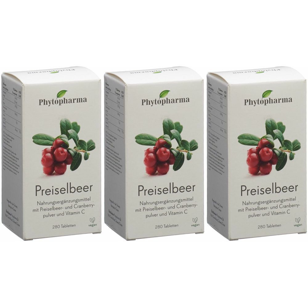 Drei weiße Schachteln mit "Phytopharma Preiselbeer". Auf jeder Schachtel sind Preiselbeeren abgebildet. Text: Nahrungsergänzungsmittel, 280 Tabletten.