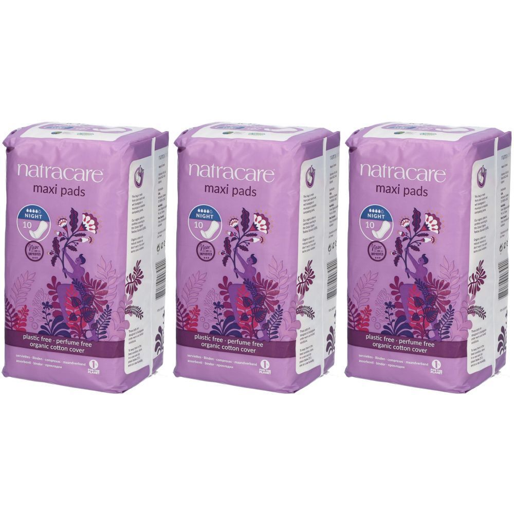 Drei Packungen NATRACARE Maxi Pads, Nacht. Lila Verpackung mit floralem Muster. Text: plastic free, organic cotton cover.