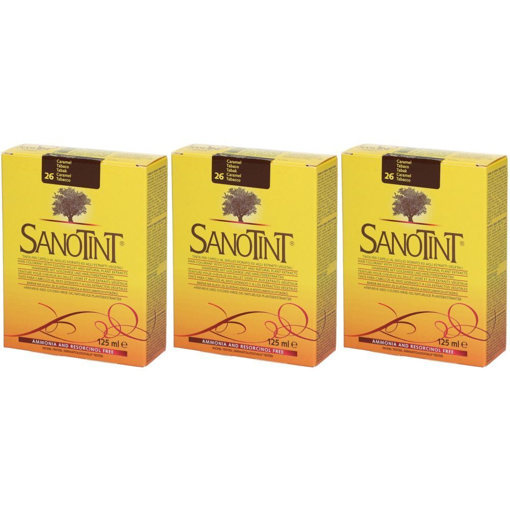 Drei gelbe Kartons mit SANOTINT-Logo und Baum-Symbol. Aufschrift: Nr. 26 Tabak, 125 ml. Ohne Ammoniak und Resorcin.