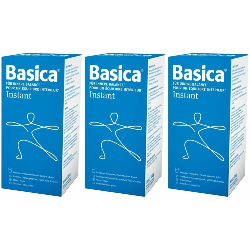 Drei blaue Kartons mit "Basica"-Logo und Text. Aufschrift: "FÜR INNERE BALANCE". Abbildung einer Person. "Instant" steht darunter.