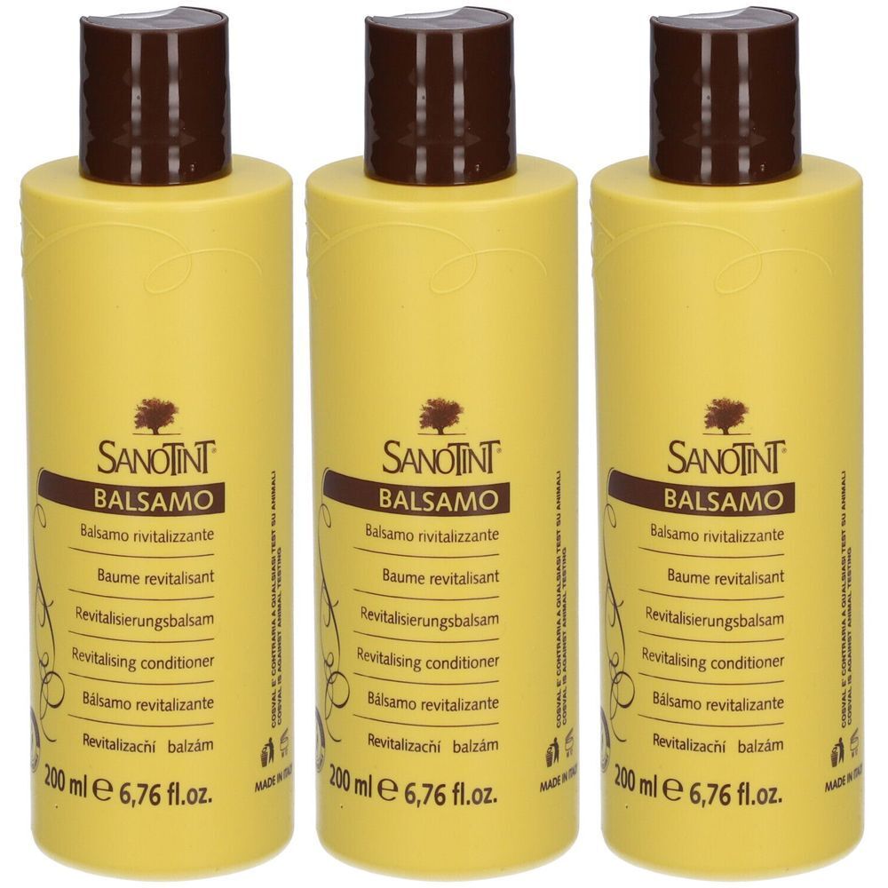Drie gele flessen met bruine doppen. Op elke fles staat SANOTINT BALSAMO. Tekst in meerdere talen.