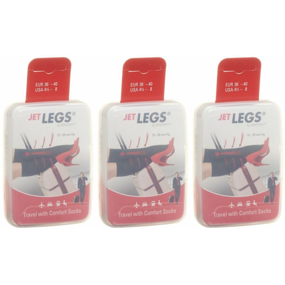 Drei Packungen Kompressionsstrümpfe. Auf jeder Packung steht "JET LEGS" und "Travel with Comfort Socks". Größenangabe: EUR 36-40, USA 4-8.