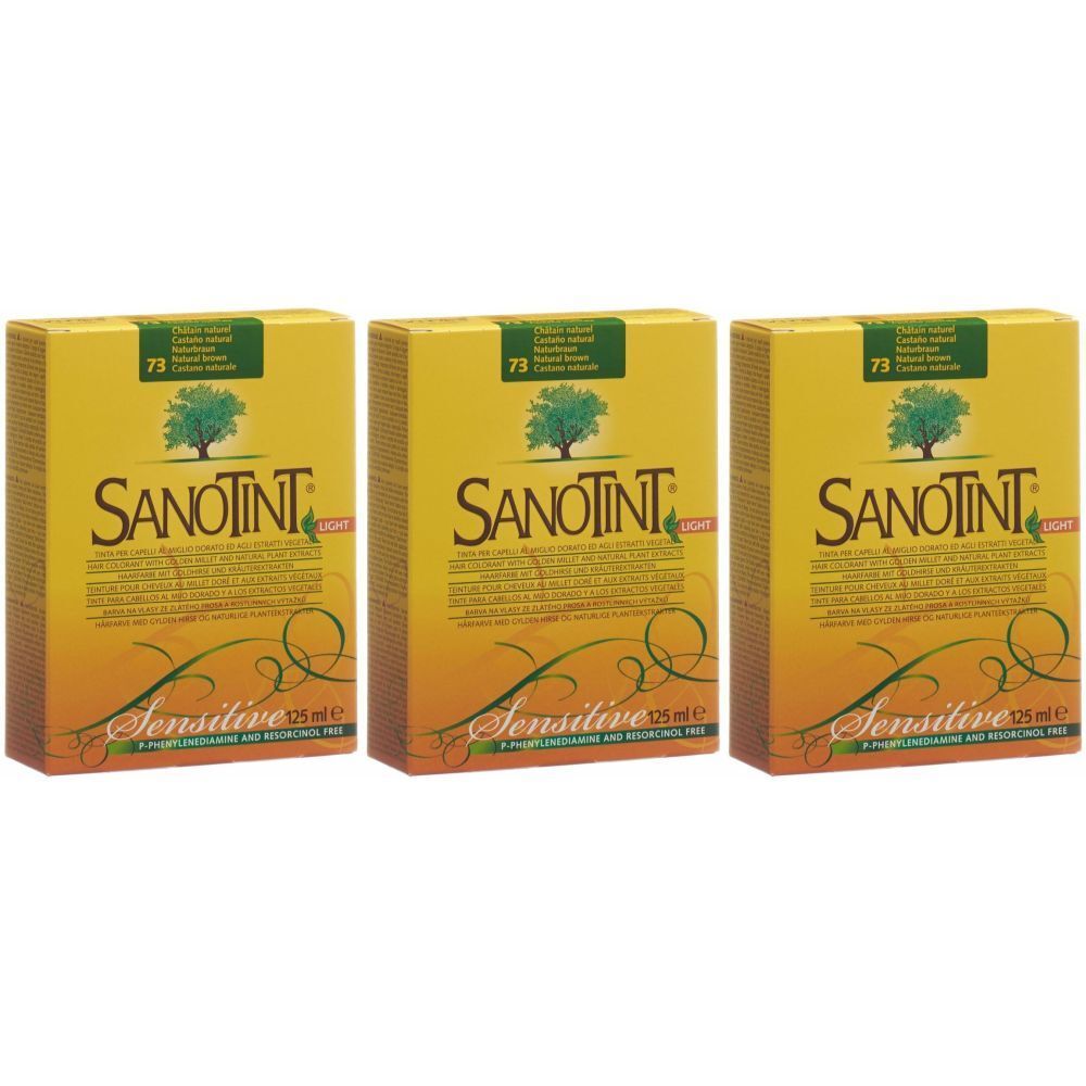 Trois boîtes de SANOTINT Sensitive Haarfarbe naturbraun 73. Emballage jaune avec logo, symbole d'arbre et informations produit.