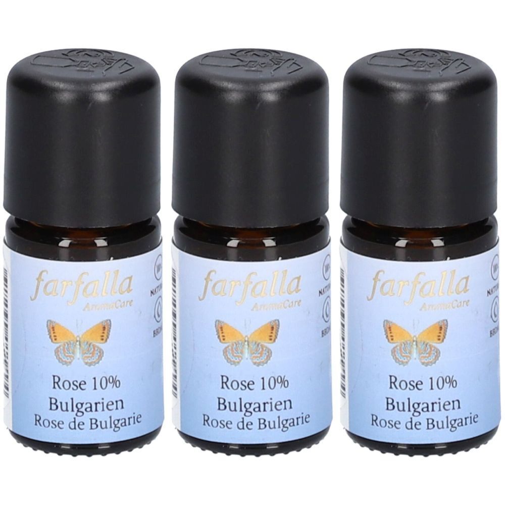 Drei kleine Fläschchen mit schwarzem Deckel. Auf dem Etikett steht "farfalla", ein Schmetterling und "Rose 10% Bulgarien".