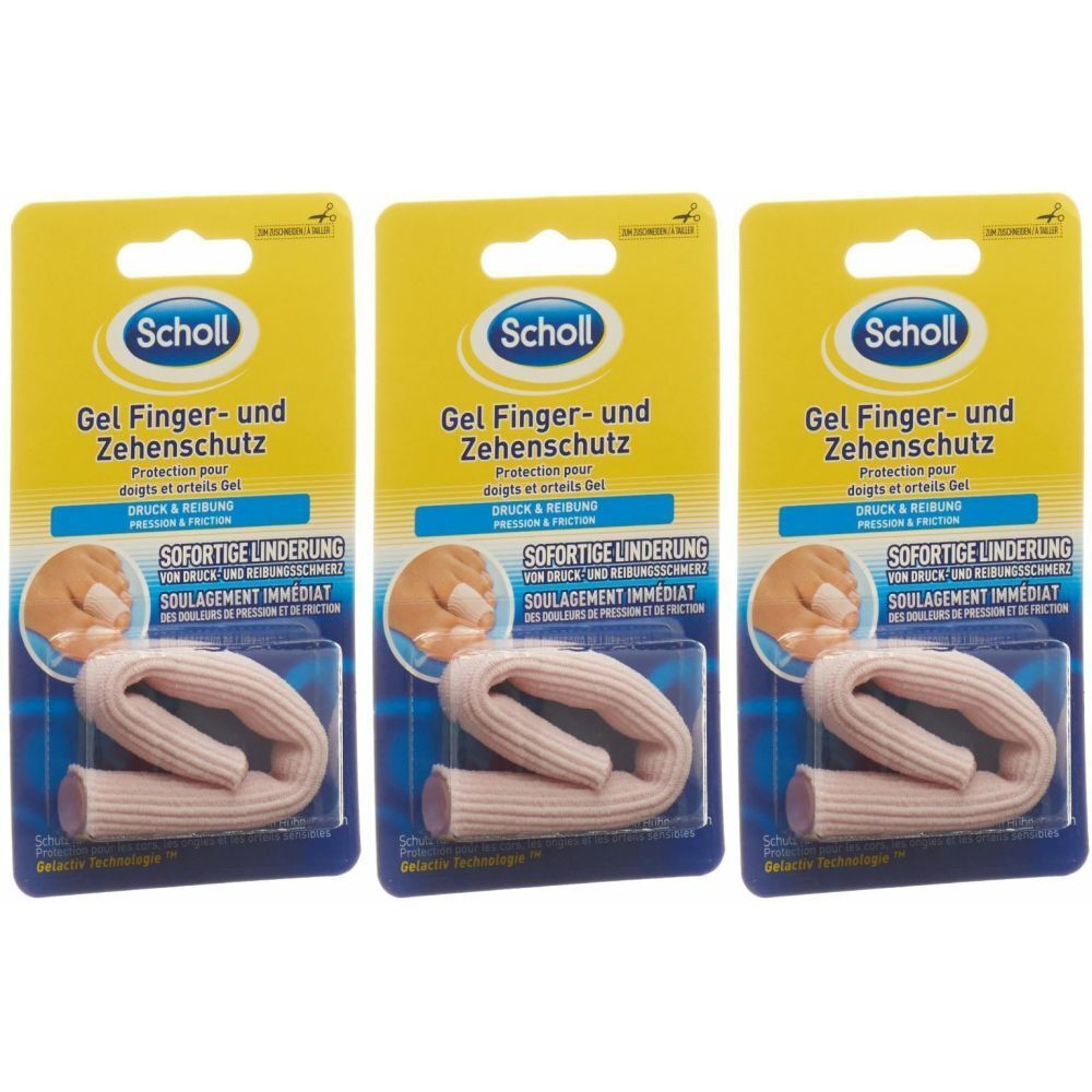 Drei Packungen Scholl Gel Finger- und Zehenschutz. Gelb-blaue Verpackung mit Produktabbildung und Text.