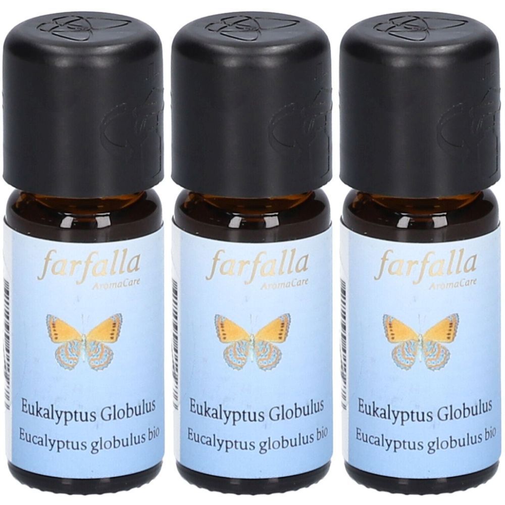 Drei kleine braune Glasflaschen mit schwarzen Deckeln. Auf den Etiketten steht "farfalla AromaCare" und "Eukalyptus Globulus bio".