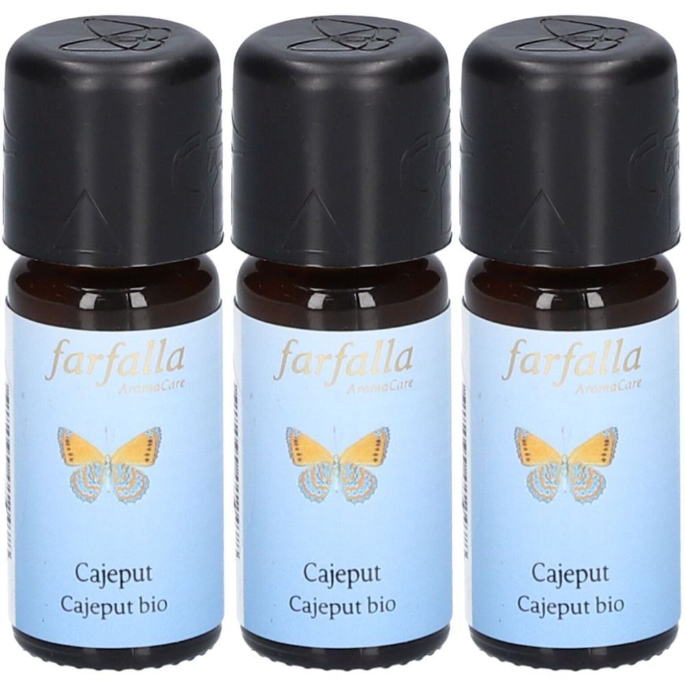 Drei Flaschen mit schwarzem Deckel. Aufschrift: farfalla, Cajeput bio. Auf Etikett: Schmetterling.