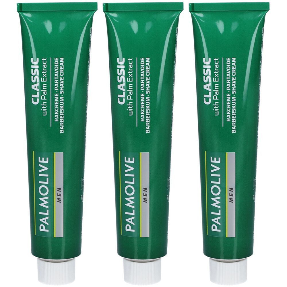 Drei grüne Tuben Rasiercreme. Auf jeder steht "PALMOLIVE MEN CLASSIC". Text: "with Palm Extract", "RAKCREME - PARTAVOIDE", "BARBERSKUM - SHAVE CREAM".