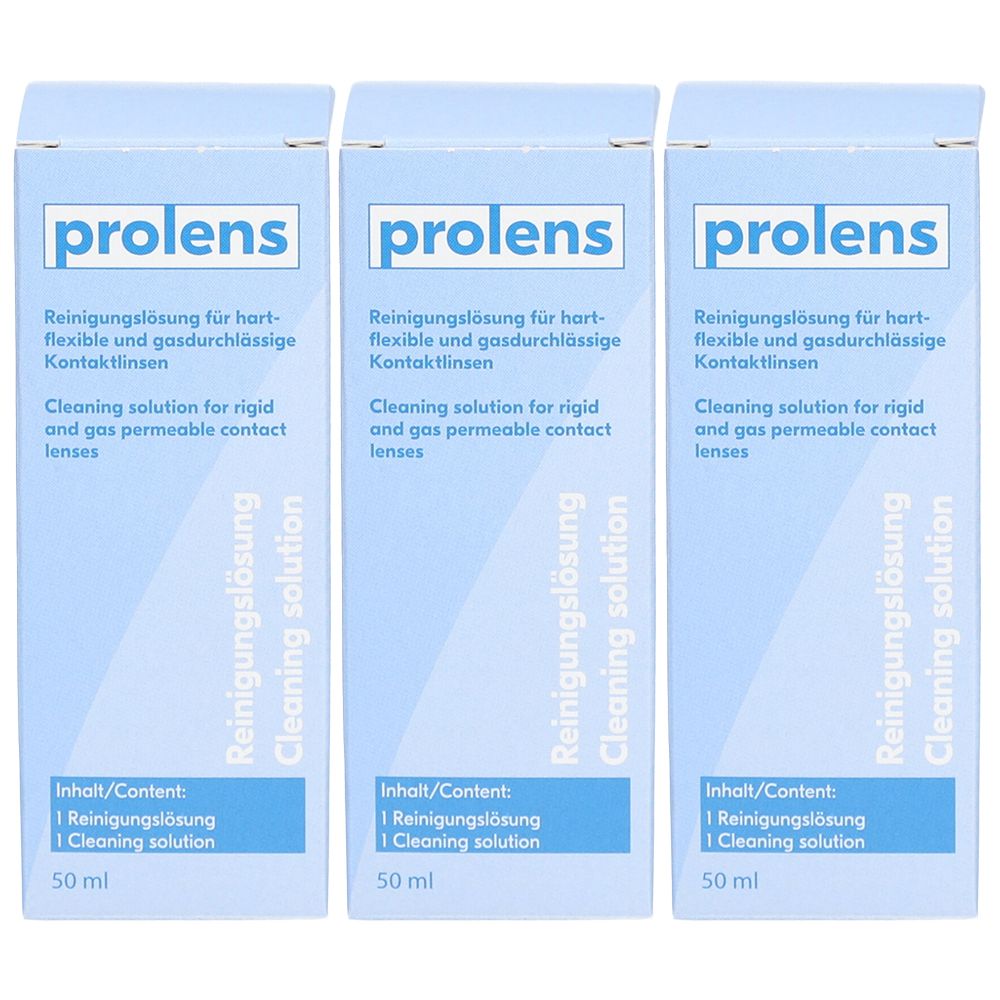 Drei Schachteln mit "prolens" Reinigungslösung für Kontaktlinsen. Blaue Verpackung mit Text in Deutsch und Englisch. 50 ml.