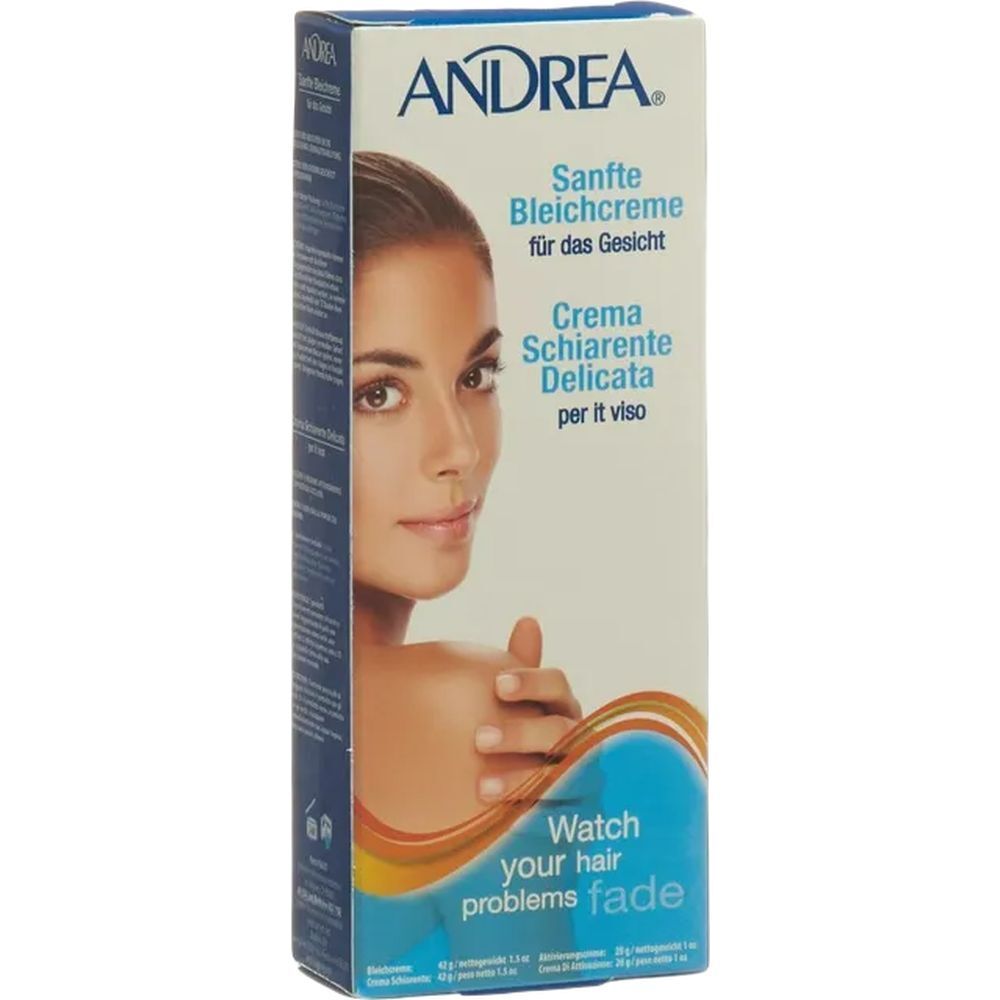 Verpackung von Andrea Bleichcreme. Enthält Text in Deutsch und Italienisch. Zeigt ein Frauenporträt.