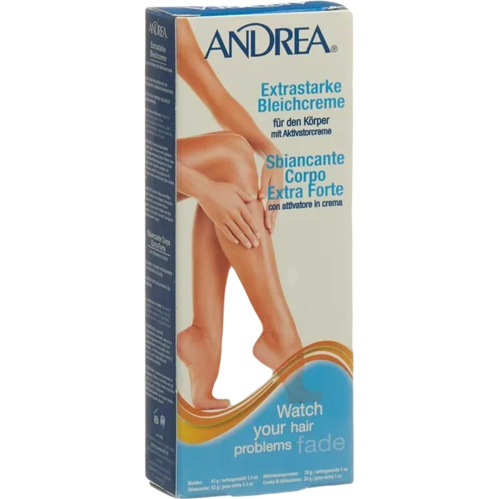 Boîte avec illustration de produit. Texte: ANDREA, Extrastarke Bleichcreme, Sbiancante Corpo Extra Forte. Image: jambes.