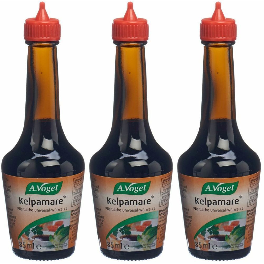 Drei Flaschen mit rotem Verschluss. Auf den Etiketten steht "A. Vogel Kelpamare". Die Flaschen enthalten eine dunkle Flüssigkeit.