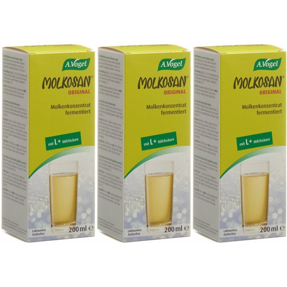 Drei Schachteln A. Vogel Molkosan. Gelbe Verpackung mit Produktnamen und Abbildung eines Getränks. Text: Molkenkonzentrat fermentiert.